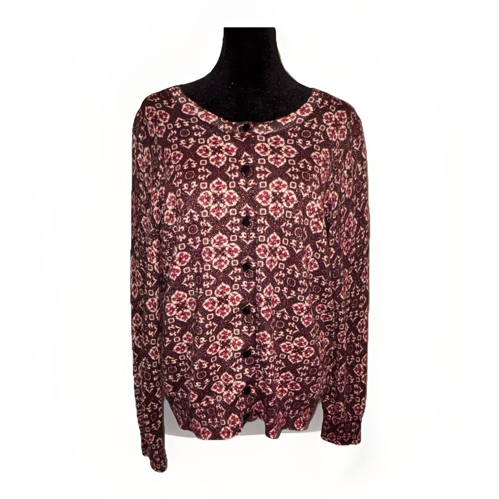 Talbots Geometric Print Metallic Shimmer Cardigan Sweater Burgundy Size Large